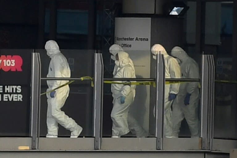 Police forensics officers on duty in Manchester, northwest England, on May 23, 2017