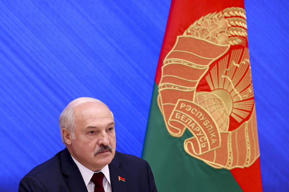Belarusian President Alexander Lukashenko speaks during an annual press conference in Minsk, Belarus, Monday, Aug. 9, 2021.Belarus' authoritarian leader on Monday charged that the opposition was plotting a coup in the runup to last year's presidential election that triggered a monthslong wave of mass protests. President Alexander Lukashenko held his annual press conference on Monday, the one-year anniversary of the vote that handed him a sixth term in office but was denounced by the opposition and the West as rigged. (Pavel Orlovsky/BelTA photo via AP)