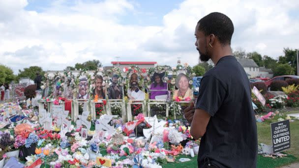 PHOTO: Carlton Steverson visits a memorial in front of the East Buffalo Tops market where 10 Black people were killed during a racially motivated mass shooting on May 14, 2022. (Alysha Webb/ABC News)