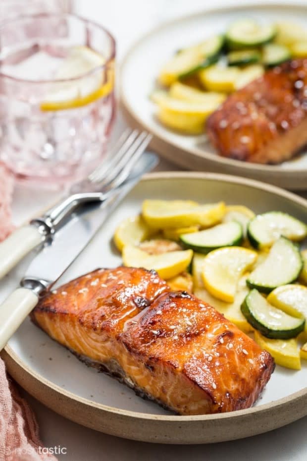 <p>Noshtastic</p><p>Air fryer salmon is my new go-to weeknight dinner for my family. It’s quick, easy and has a super tasty marinade with only a few ingredients that you probably already have in the fridge!</p><p><strong>Get the recipe: <a href="https://www.noshtastic.com/air-fryer-salmon/" rel="nofollow noopener" target="_blank" data-ylk="slk:Air Fryer Paleo Salmon;elm:context_link;itc:0;sec:content-canvas" class="link ">Air Fryer Paleo Salmon</a></strong></p>