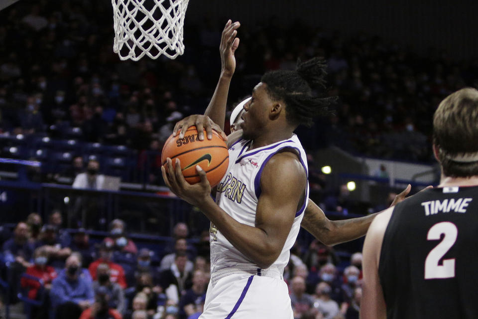 Alcorn State forward Darrious Agnew, left, grabs a rebound during the second half of an NCAA college basketball game against Gonzaga, Monday, Nov. 15, 2021, in Spokane, Wash. (AP Photo/Young Kwak)