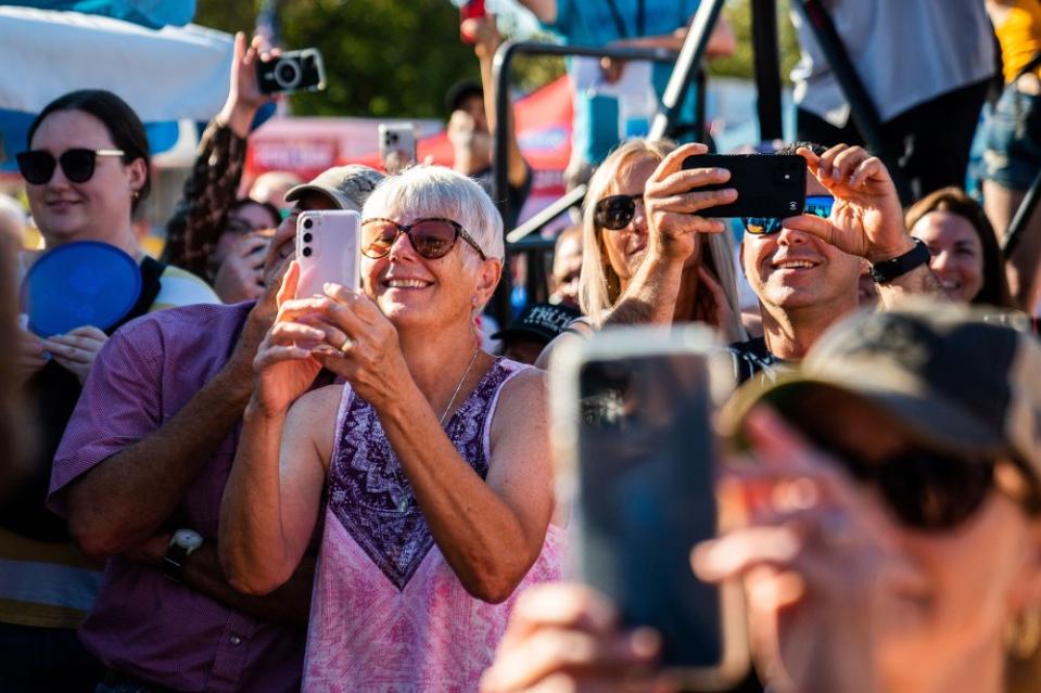 Visitors listen as Ramaswamy raps along to Eminem's "Lose yourself" following his "Fair-Side Chat" at the Iowa State Fair on Aug. 12, 2023.<span class="copyright">Demetrius Freeman—The Washington Post/Getty Images</span>