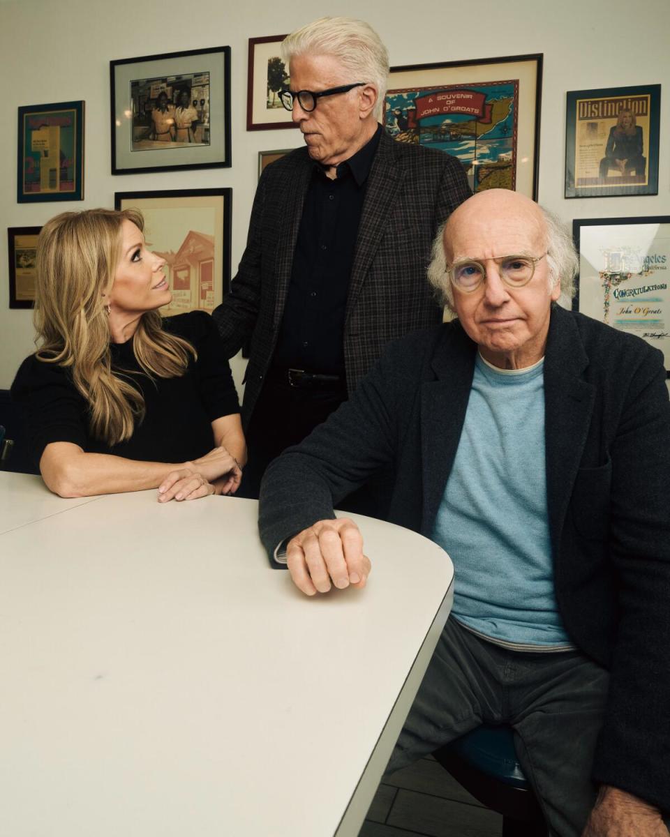 Cheryl Hines, Ted Danson and Larry David in John O'Groats diner in Los Angeles, CA .