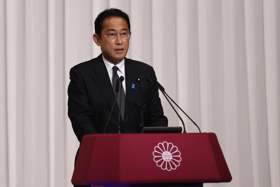 Japanese Prime Minister and leader of the Liberal Democratic Party, Fumio Kishida, speaks during a news conference after the results of the Upper House elections at the party headquarters on Monday, July 11, 2022, Tokyo, Japan. (Rodrigo Reyes Marin/Pool Photo via AP)