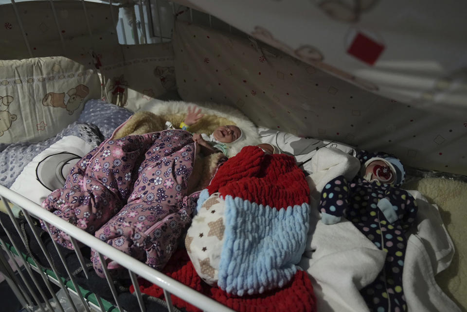 FILE - Premature babies who were left behind by their parents lay in a bed in hospital number 3 in Mariupol, Ukraine, Tuesday, March 15, 2022. (AP Photo/Evgeniy Maloletka, File)