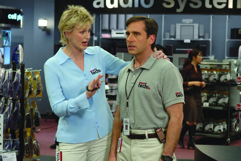 Jane Lynch and Steve Carell in The 40-Year-Old Virgin (Credit: Universal)