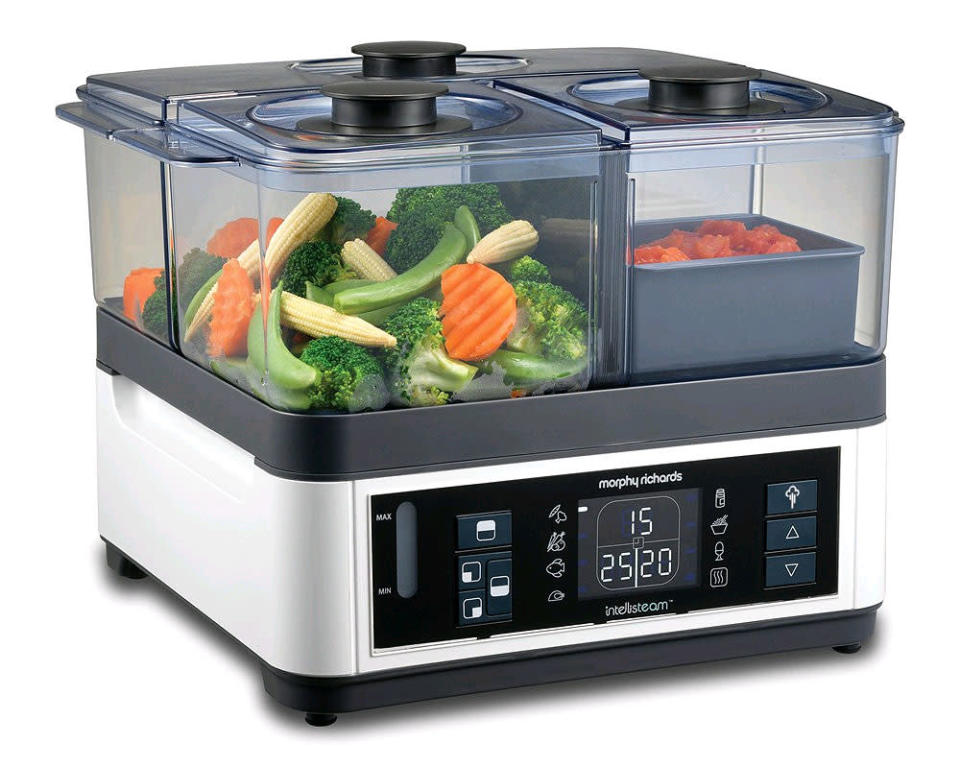 <b>Food steamer <br></b><br>If you bought the deep fat fryer, you may want to spend the next few days being virtuous. Thanks to its unique intelligent timer, the Intellisteam steamer will cook each container in order, ensuring the whole meal is ready to serve at the same time. <br><br><b>£99.99, <a href="http://www.morphyrichards.co.uk/products/cooking-and-baking/steamers/48781-Intellisteam-Steamer.html" rel="nofollow noopener" target="_blank" data-ylk="slk:Morphy Richards;elm:context_link;itc:0;sec:content-canvas" class="link ">Morphy Richards</a></b>