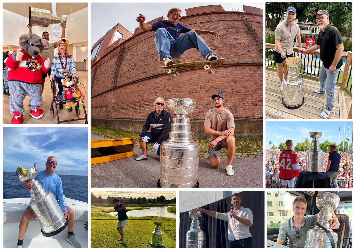 A collage of photos of the Florida Panthers from various days with the Stanley Cup. At center is Panthers captain Aleksander Barkov with Hockey Hall of Fame Keeper of the Cup, Phil Pritchard, as a skateboarder jumps over the Stanley Cup in Finland. The rest, clockwise from top right, are forward Sam Bennett, defenseman Gustav Forsling, forward Anton Lundell, forward Sam Reinhart, forward Carter Verhaeghe, general manager Bill Zito and defenseman Aaron Ekblad.