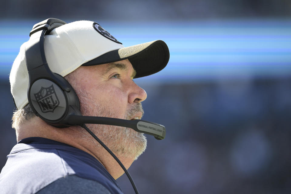 Dallas Cowboys coach Mike McCarthy watches from the sidelines during the first half of an NFL football game against the Jacksonville Jaguars, Sunday, Dec. 18, 2022, in Jacksonville, Fla. (AP Photo/Phelan M. Ebenhack)