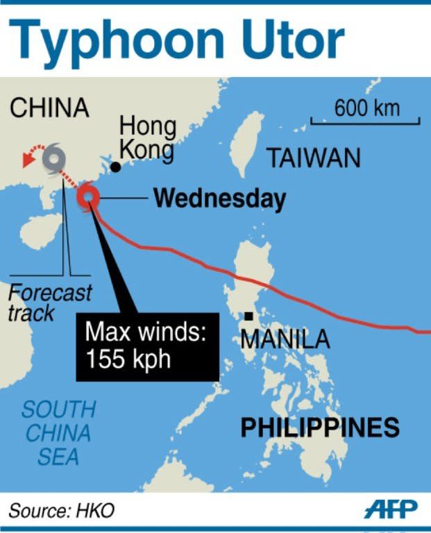 Graphic map showing the path of Typhoon Utor as it shuts down Hong Kong and heads towards the coast of China's Guangdong province on Wednesday