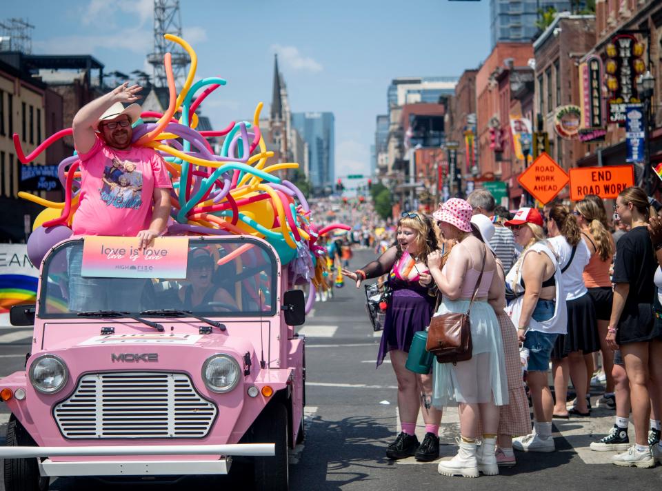 People march in the 2024 Pride parade downtown on Broadway in Nashville , Tenn., Saturday, June 22, 2024.