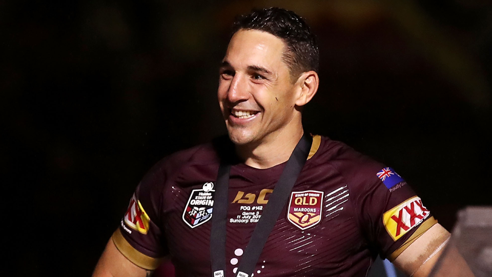 Billy Slater accepts the Wally Lewis Medal for player of the series. Pic: Getty