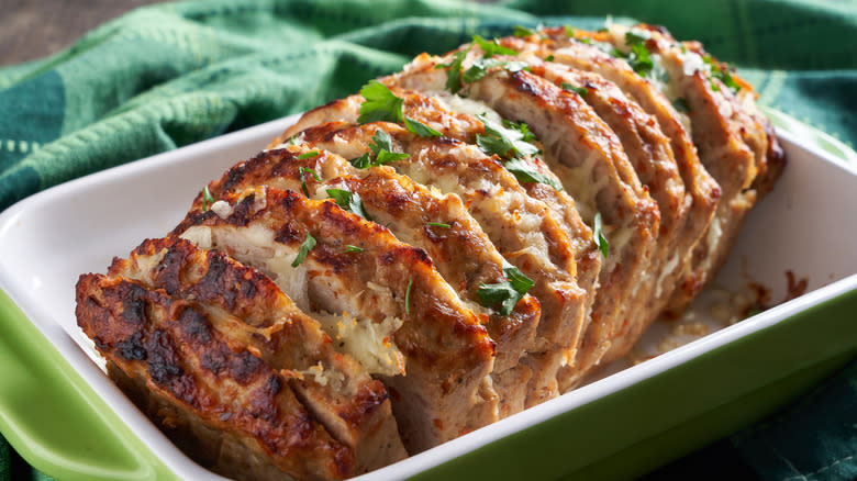 Sliced meatloaf in a dish