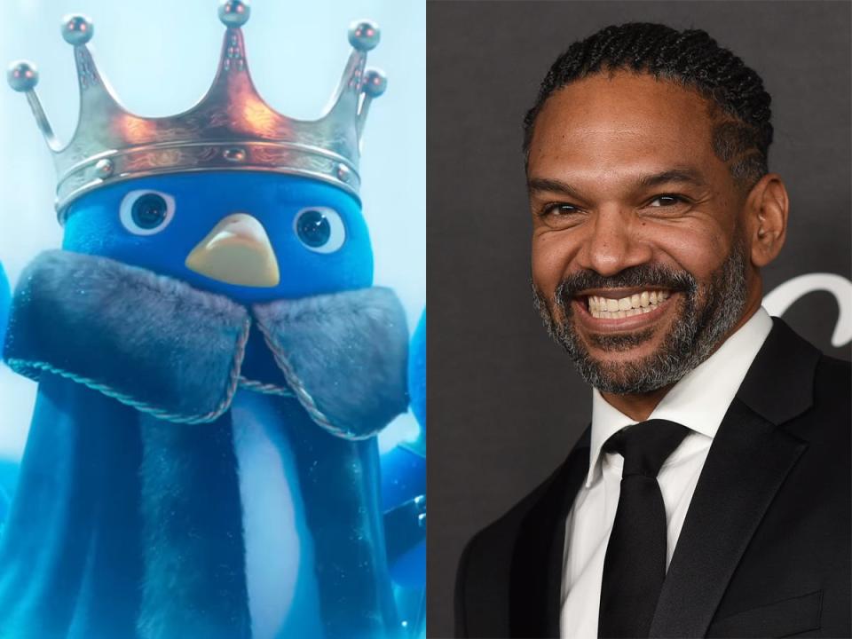 On the left: Penguin King in "The Super Mario Bros. Movie." On the right: Khary Payton in November 2022.