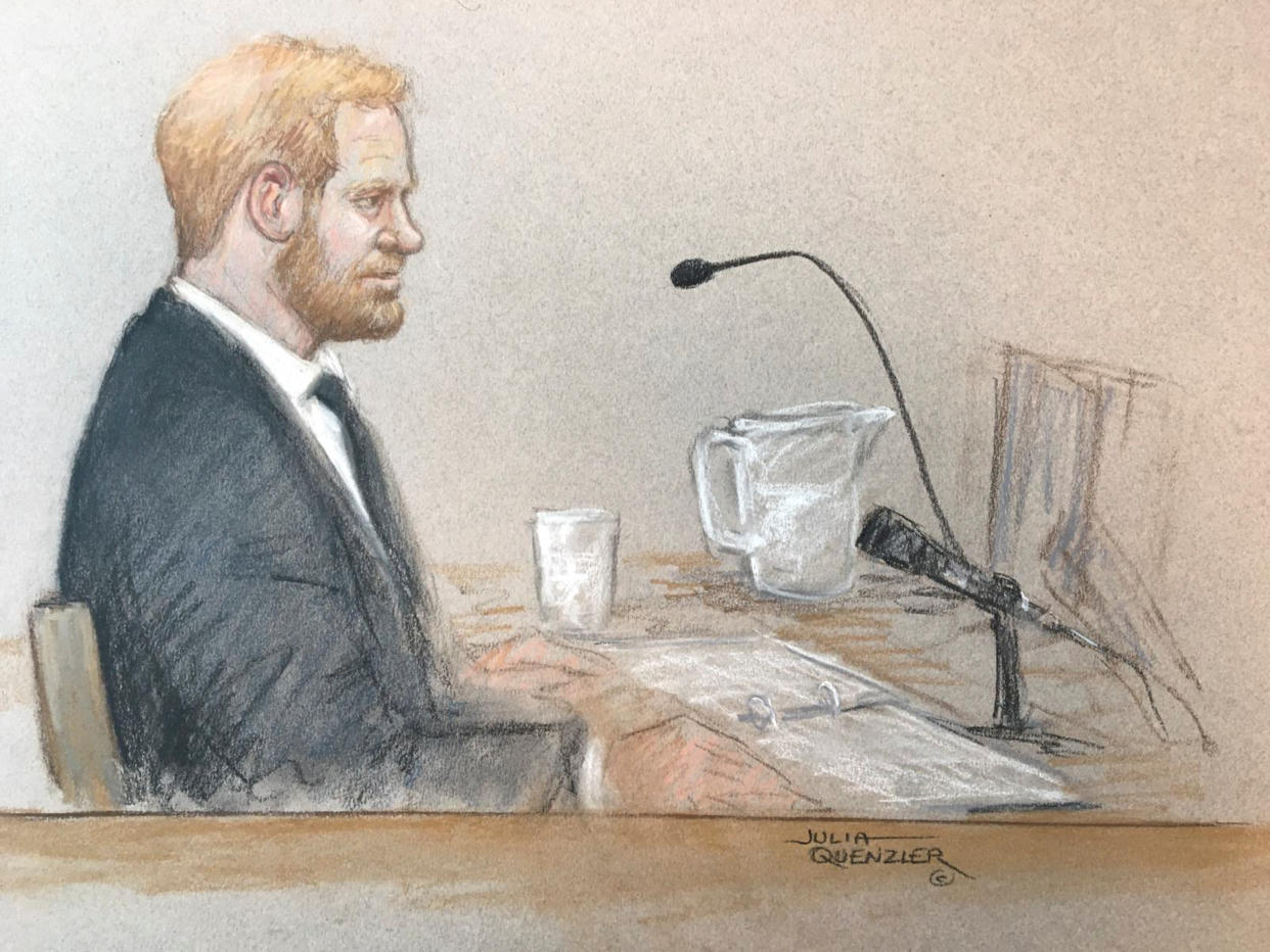 Britain's Prince Harry, Duke of Sussex sits at the High Court in London, Britain June 6, 2023, in this courtroom sketch.  Courtesy of Julia Quenzler via REUTERS THIS IMAGE HAS BEEN SUPPLIED BY A THIRD PARTY. MANDATORY CREDIT