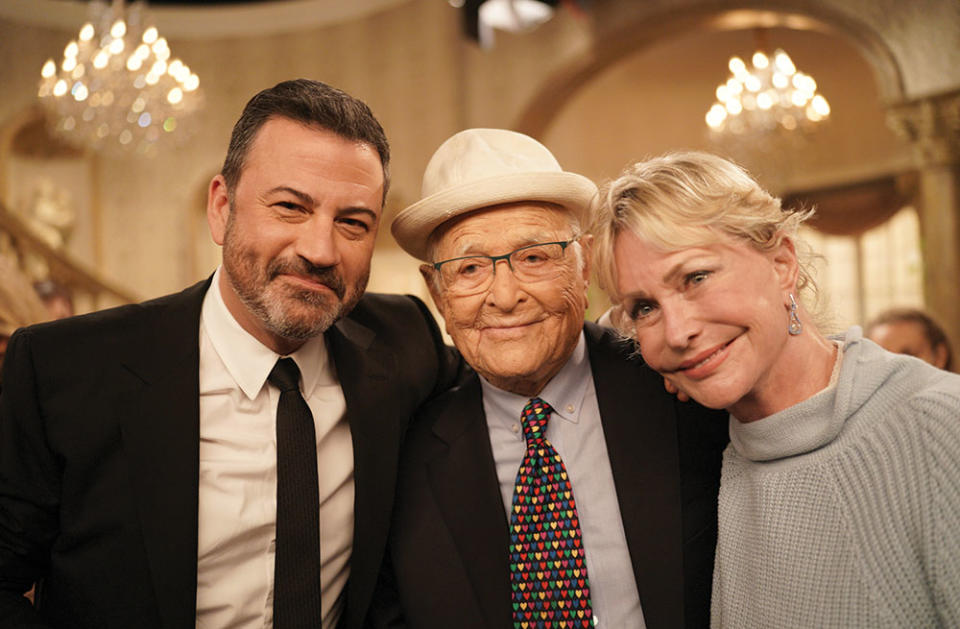 Executive producers Kimmel and Lear on set with Lear’s wife, Lyn. - Credit: Courtesy of Christopher Willard/ABC