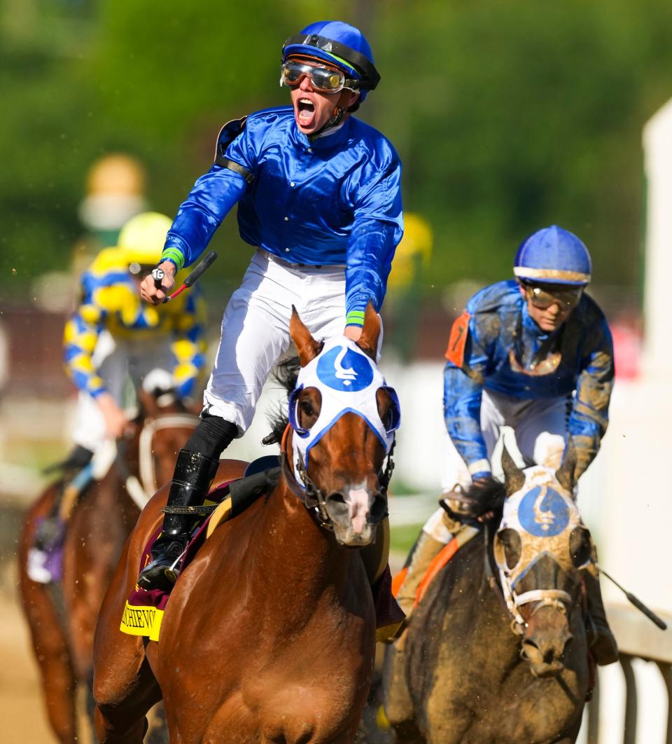 Jockey Tyler Gaffalione reacts after he and Pretty Mischievous win the 149th Longines Kentucky Oaks at Friday at Churchill Downs May 5, 2023, in Louisville, Ky.