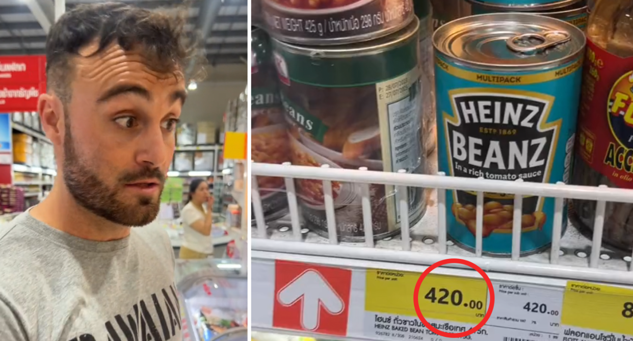 TikToker Mark showing a surprised face, and right the Heinz baked beans proced at 420 Thai baht.