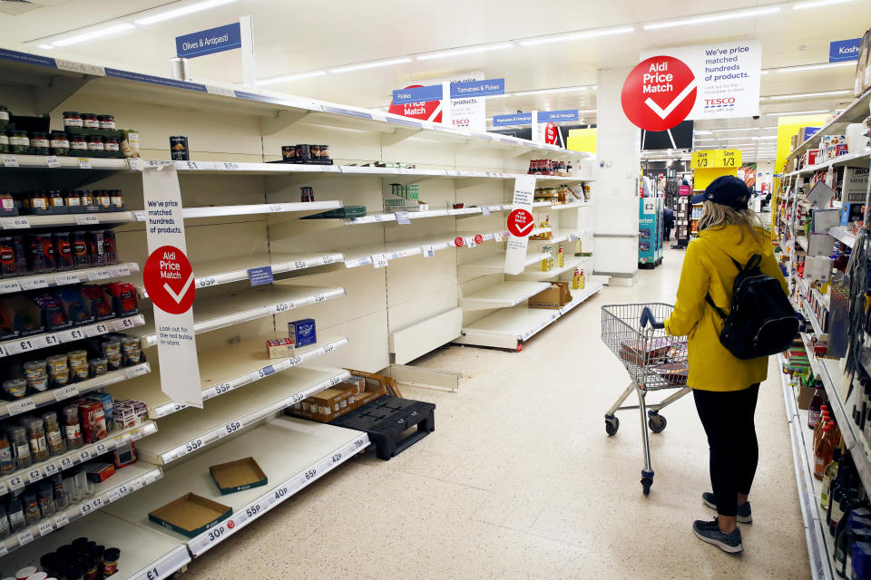 After spates of panic-buying cleared supermarket shelves of items like toilet paper and cleaning products, stores across the U.K. have introduced limits on purchases during the COVID-19 pandemic. Some have also created special time slots for the elderly and other shoppers vulnerable to the new coronavirus. (Photo: Clive Brunskill/Getty Images)
