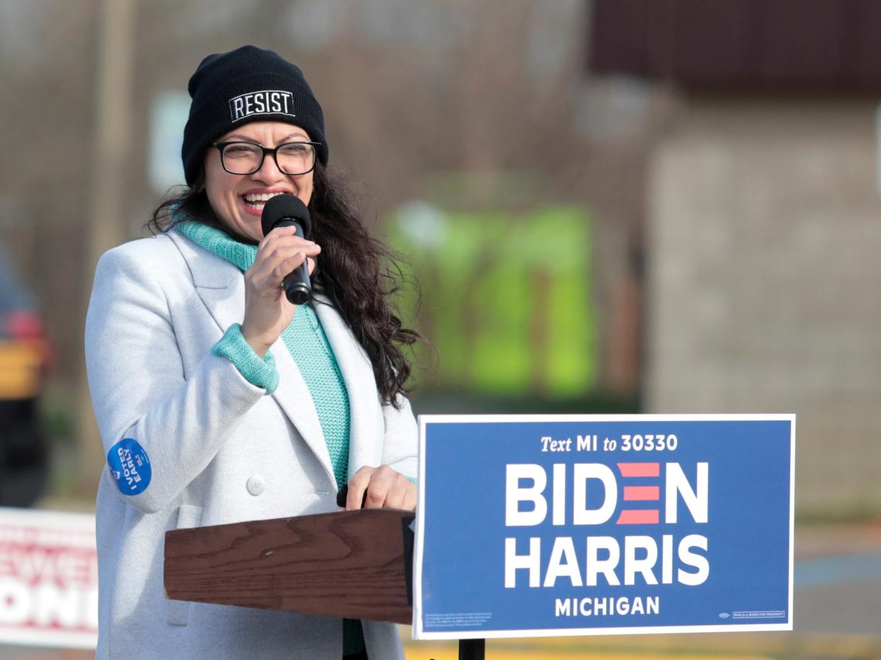<p>US Democratic Rep Rashida Tlaib speaks at a volunteer canvass launch for Biden/Harris</p> (REUTERS)