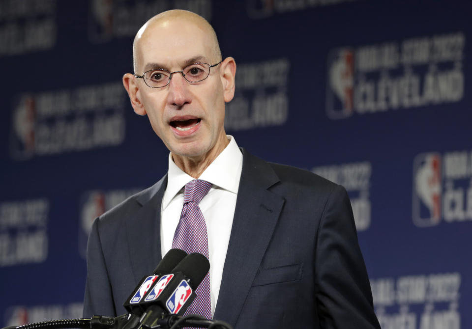 FILE - In this Nov. 1, 2018 file photo, NBA Commissioner Adam Silver announces that the Cleveland Cavaliers will host the 2022 NBA All Star game during a news conference in Cleveland. The NBA is bringing a pro league to Africa. The Basketball Africa League, a new collaboration between the NBA and the sport's global governing body FIBA, was announced Saturday, Feb. 16, 2019. (AP Photo/Tony Dejak, File)
