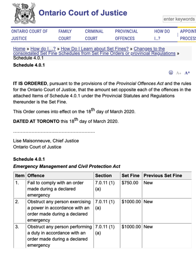 Emergency Management and Civil Protection Act measures in Ontario.