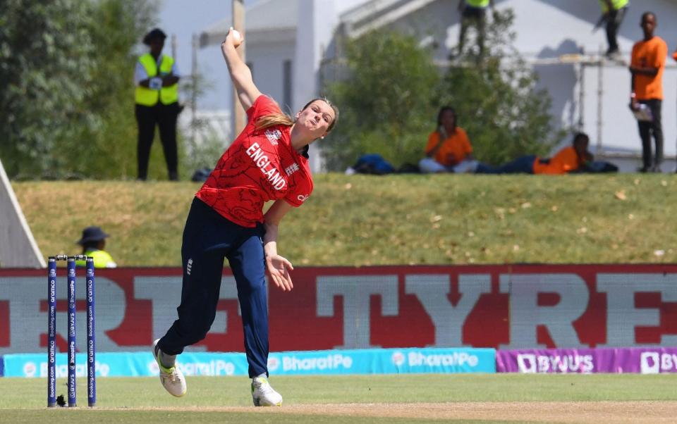  Lauren Bell delivers a ball during the Group B T20 women's World Cup cricket match between Ireland and England at Boland Park in Paarl on February 13, 2023 - RODGER BOSCH/AFP via Getty Images