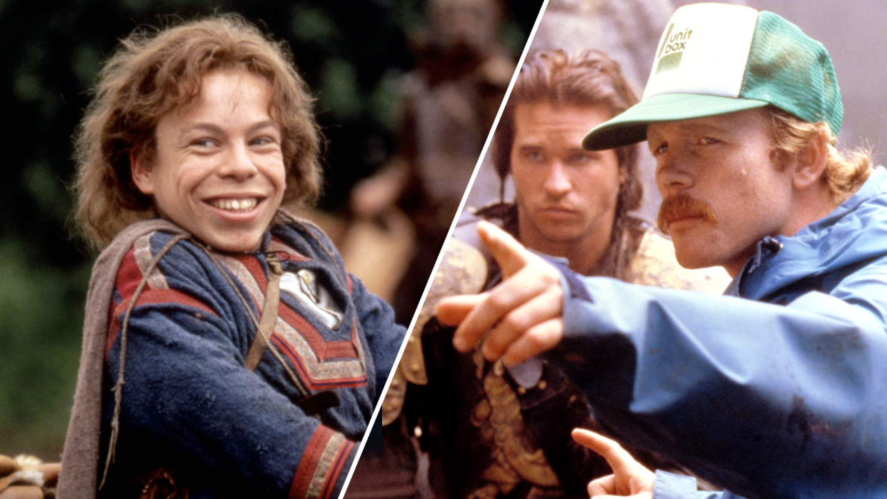 Warwick Davis in 'Willow,' left, Ron Howard directing Val Kilmer, right (Everett Collection)