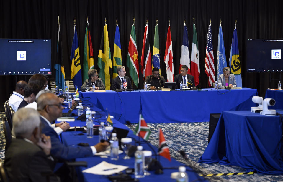 From left, Barbados Prime Minister Mia Mottley, U.S. Secretary of State Antony Blinken, Guyana's President Irfaan Ali and Jamaica's Prime Minister Andrew Holness attend an emergency meeting on Haiti at the Conference of Heads of Government of the Caribbean Community (CARICOM) in Kingston, Jamaica, on Monday, March 11, 2024. (Andrew Caballero-Reynolds, Pool via AP)