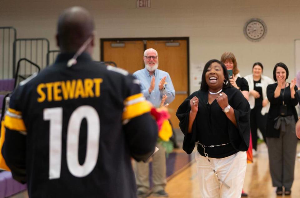 LaShay Powell, far right, who teaches history and law classes at Northeast Magnet High School, was surprised by former Pittsburgh Steelers quarterback Kordell Stewart during a live segment on the “Today” show.