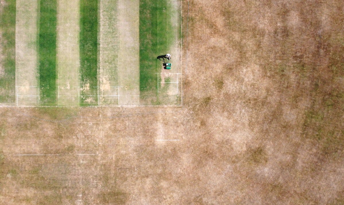 A groundsman at Boughton and Eastwell Cricket Club in Ashford, Kent, prepares the wickets for matches this weekend (PA)