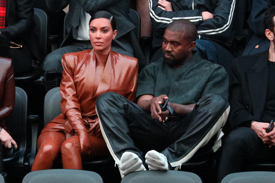 PARIS, FRANCE - MARCH 01: (EDITORIAL USE ONLY) Kim Kardashian and Kanye West attend the Balenciaga show as part of the Paris Fashion Week Womenswear Fall/Winter 2020/2021 on March 01, 2020 in Paris, France. (Photo by Pierre Suu/Getty Images)