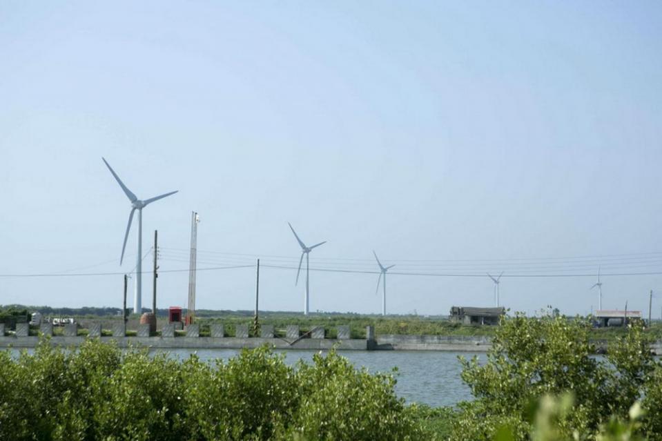 濱海植物步道外能看見成排風力發電車。