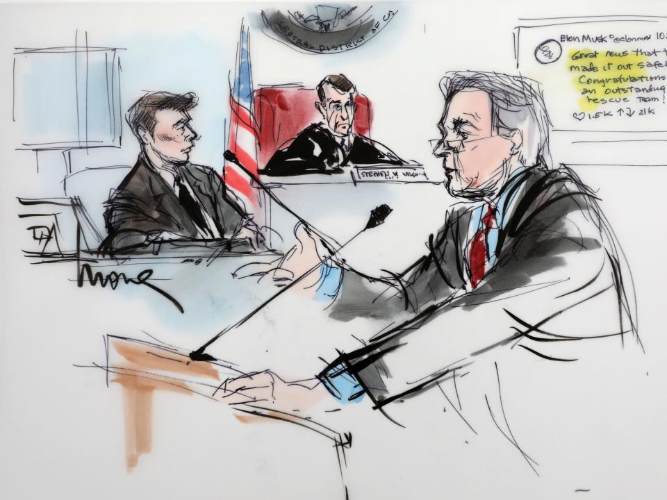 Plaintiff attorney L. Lin Wood is shown with Elon Musk and Judge Stephen Brown looking on, in a courtroom drawing during the trial in a defamation case filed by British cave diver Vernon Unsworth against Musk, in Los  Angeles