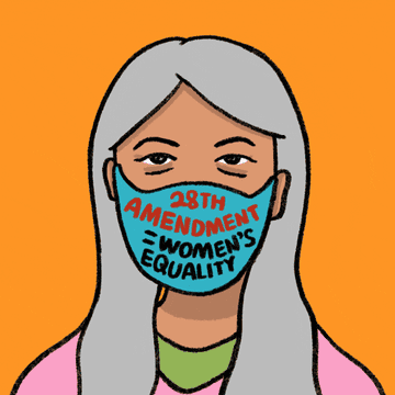 A montage of diverse women wearing a mask that says "28th Amendment = Women's Equality