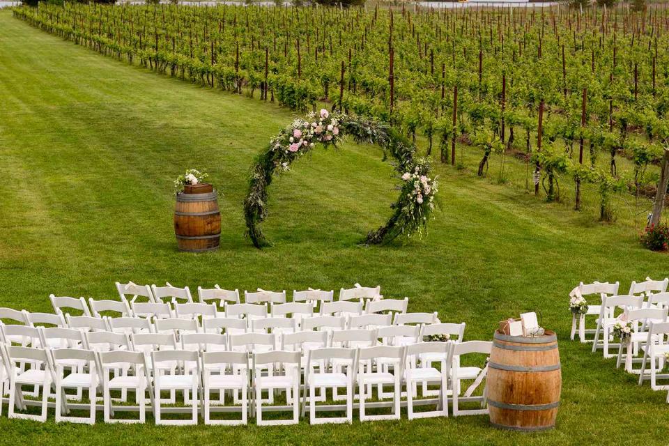 <p>Kevin Trimmer/Getty</p> Stock image of vineyard wedding