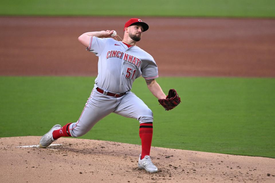 May 2, 2023; San Diego, California, USA; Cincinnati Reds starting pitcher Graham Ashcraft (51) throws a pitch against the San Diego Padres during the first inning at Petco Park. Mandatory Credit: Orlando Ramirez-USA TODAY Sports