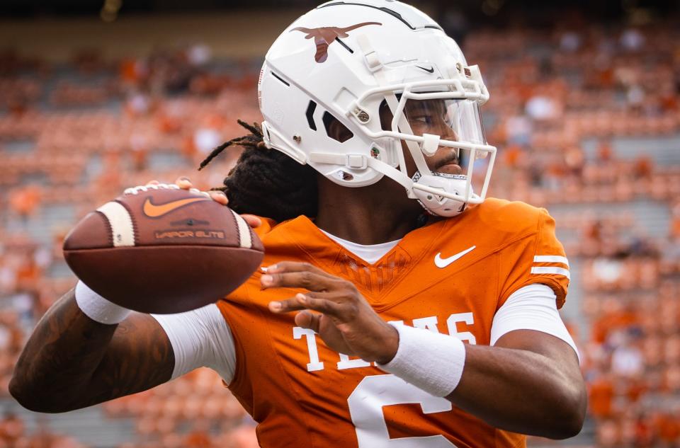 Texas quarterback Maalik Murphy warms up ahead of Saturday's home game against BYU. Murphy will be making his first career start in place of the injured Quinn Ewers.