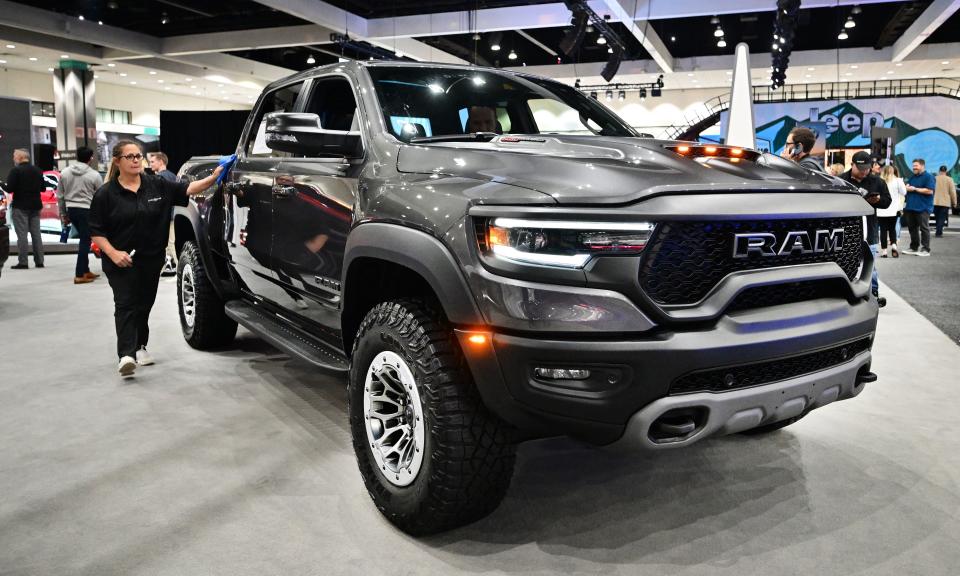 A 2023 Dodge Ram 1500 TRX on display at the 2022 Los Angeles Auto Show