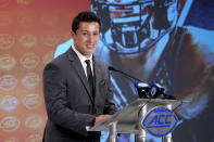 Syracuse's Tommy DeVito speaks during the Atlantic Coast Conference NCAA college football media day in Charlotte, N.C., Wednesday, July 17, 2019. (AP Photo/Chuck Burton)