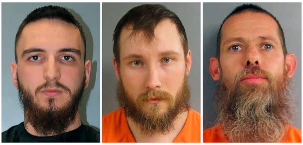 PHOTO: This combo of undated booking photos provided by Alvin S. Glenn Detention Center, left, and Jackson County Sheriff's Office, show, from left, Paul Bellar, Joseph Morrison and Pete Musico. (Alvin S. Glenn Detention Center and Jackson County Sheriff's Office via AP, FILE)