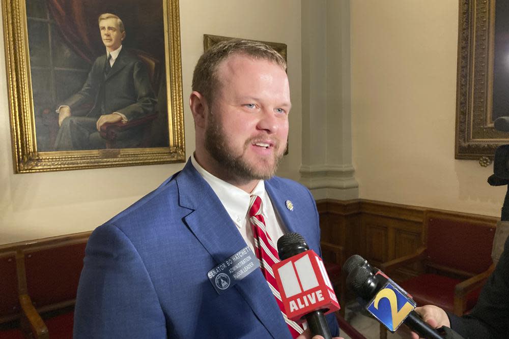 Georgia state Sen. Bo Hatchett, R-Cornelia, speaks to reporters on Friday, March, 11, 2022, in Atlanta, after the state Senate passed a bill to ban the teaching of “divisive” racial concepts in Georgia public schools. (AP Photo/Jeff Amy)