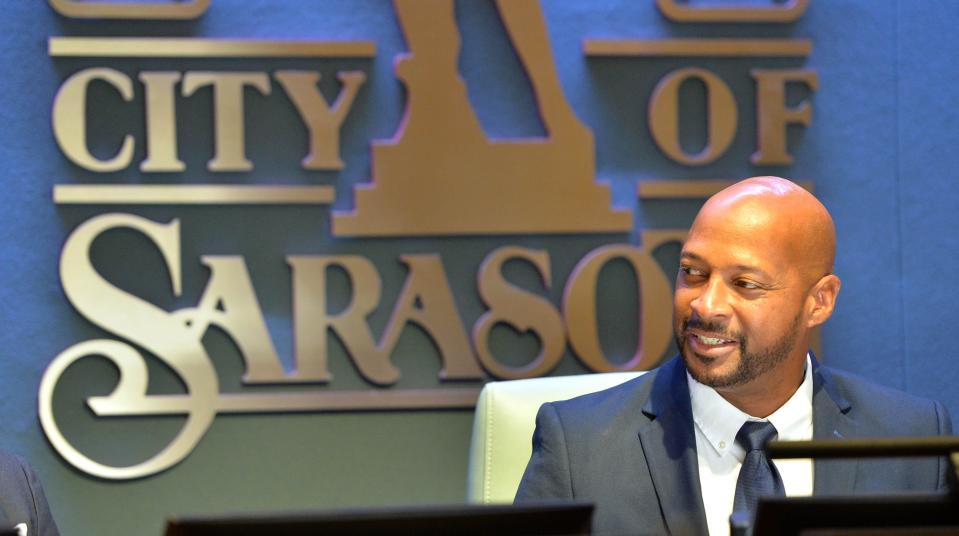 Kyle Battie takes his new seat on the Sarasota City Commission on Monday after the commission voted for him to assume the role of mayor.