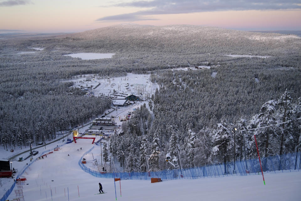 A view of the Finnish Lapland ahead of the first run of an alpine ski World Cup women's slalom race, in Levi, Finland, Saturday, Nov. 11, 2023. (AP Photo/Giovanni Auletta)