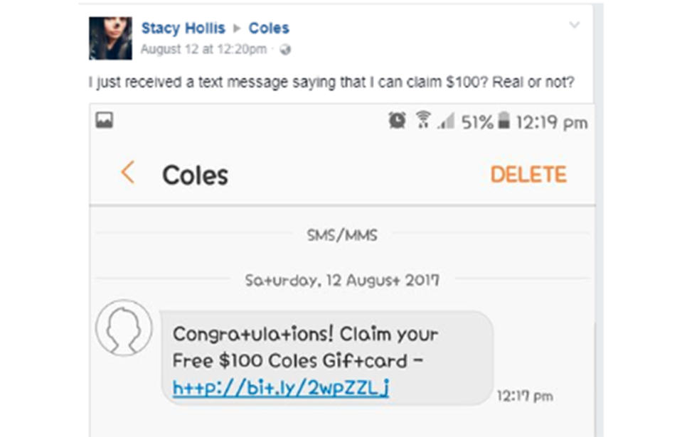 Another woman became suspicious of the message claiming she was the winner of a $100 Coles gift card. Source: / Facebook