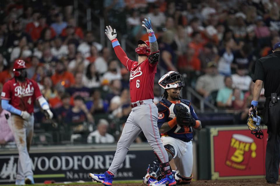 Cincinnati Reds' Jonathan India (6) celebrates after hitting a home run against the Houston Astros during the eighth inning of a baseball game Sunday, June 18, 2023, in Houston. (AP Photo/David J. Phillip)