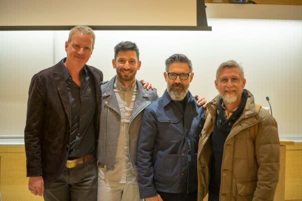 Designer Todd Oldham (far right) spoke about vegan fashion at Parsons recently, with (from left) Dan Mathews of PETA, Parsons instructor and vegan fashion expert Joshua Katcher, and business partner Tony Longoria. (Photo: PETA)