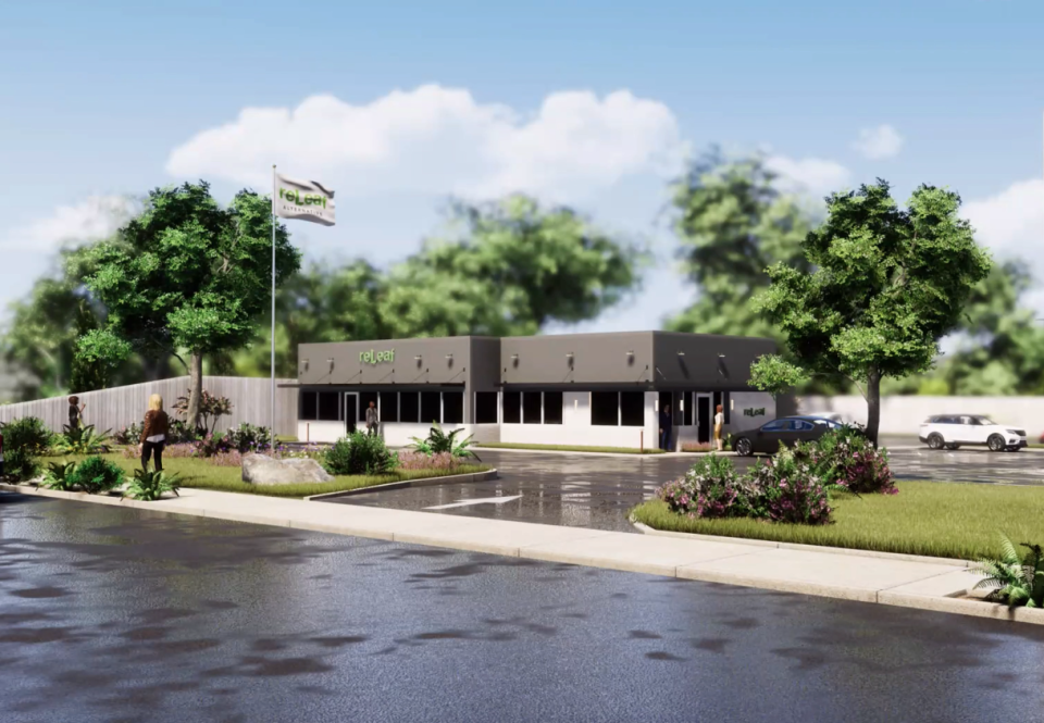 At a Planning Board meeting on May 25, reLeaf Alternative shared this rendering of its proposed adult-use marijuana dispensary on Route 9 in Natick, formerly a Papa Gino's restaurant.