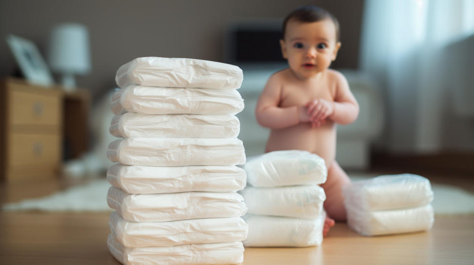 A stack of disposable diapers in the foreground with a mother and her baby in the background. 