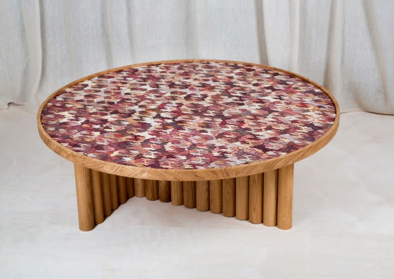 A cocktail table made using Totomoxtle, a veneer material—which is made with husks of heirloom Mexican corn—developed by Laposse and Mixtec farmers in Puebla.